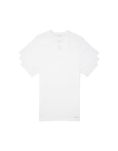 Calvin Klein Mens 100% Cotton 3 Pack Short Sleeve Slim Fit V Neck, White - Large