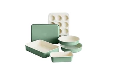 GreenLife 6 Piece Nonstick Bakeware Set, Non-Toxic PFAS-Free Ceramic Oven Pans, Dishwasher & Oven Safe to 450°F, Easy Release Baking Sheet, Loaf Pan, Rectangle & Round Cake, Muffin Pan, Sage