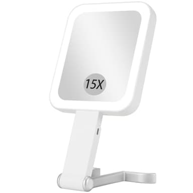 DECLUTTR Travel Makeup Mirror with Lights, Rechargeable 1X/15X Magnifying with Light Double Sided，Portable Handheld Mirror with 3 Color Light Dimmable, Tabletop,Hanging,White