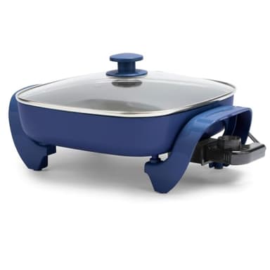 GreenLife 12" 5QT Square Electric Skillet, Glass Vented Lid, Ceramic PFAS-Free Nonstick Coated Interior, Adjustable Temperature Control, Cool Touch Handles, Quick Even Heating, Scratch Resistant, Blue