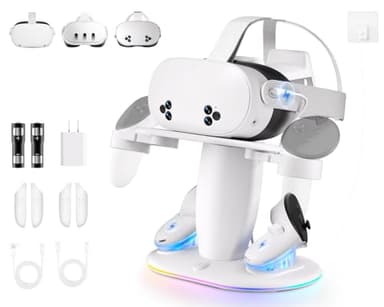 Saqico Fast Charging Dock for Meta Quest 3/3s/2 vr Headset and Magnetic Charger for Controllers Simultaneously, RGB Charging Station & Display Stand with Rechargeable Batteries 2pcs and UL AC Adapter