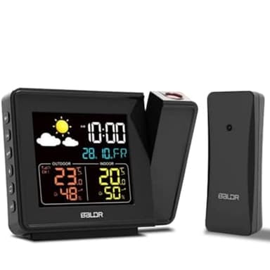 BALDR Projection Alarm Clock with Temperature - Atomic Projection Clock with Indoor and Outdoor Temperature, Digital Projection Alarm Clocks for Bedrooms, Weather Station Alarm Clock with Projector