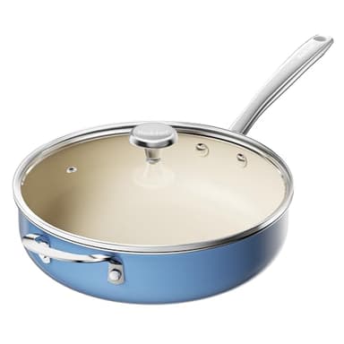 Redchef Ceramic Saute Pan with Lid, Nonstick Deep Frying Pan, 5QT Jumbo Cooker with Helper Handle & Lid, Non Toxic Ceramic Cooking Pan, Chef Pan, Dishwasher & Oven Safe, PFAS PFOA & PTFE Free（Blue）