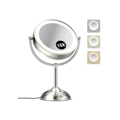 15X Magnifying Mirror with Light, Rechargeable 9" Lighted makeup mirror with magnification, 3 Color Modes, Adjustable Brightness, No Assembly Required, 360° Rotation Cosmetic Mirror, Pearl Nickel