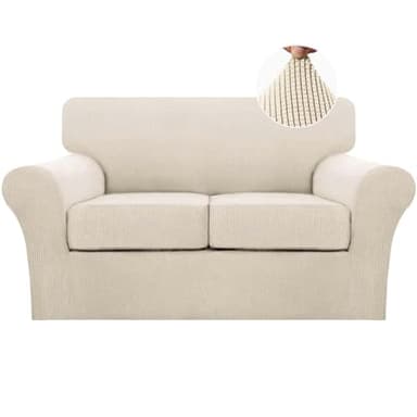 Turquoize 3 Piece Sofa Covers for 2 Cushion Couch Sofa Slipcover Soft Cover for Dogs-Washable Furniture Covers with 2 Individual Cushion Covers, Feature Jacquard Fabric(Loveseat, Biscotti Beige)