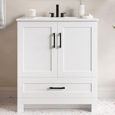 IRONCK 30" Bathroom Vanity with Sink, Freestanding Bathroom Cabinet Vanity with Soft-Close Doors & Storage Drawer, Modern Design for Small Bathrooms, Undermount Ceramic Sink, Easy Assembly, White