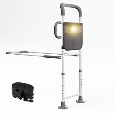 HOMEAL Bed Rails for Elderly Adults Safety, ASTM Approved Adjustable Bedside Assist Rail for Seniors, Non-Slip Ergonomic Handle & Reinforced Support Bar, 350lb Tested, Motion Light & Fixing Strap(Grey