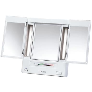 JERDON Tri-Fold Two-Sided Makeup Mirror with Lights - Vanity Mirror with 5X Magnification & Multiple Light Settings - White Base - Model JGL9W