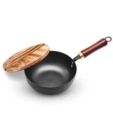 VIVIDCOOKWARE Carbon Steel Wok Pan with Wooden Lid, 7.8-Inch (1.6QT) Small Wok, Cold-Forged Flat Bottom Stir Fry Pan, Coating-Free, Induction Ready, for Eggs, Ramen, Soup & Oatmeal