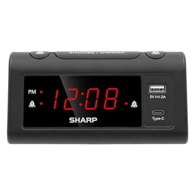 Sharp Alarm Clock for Bedrooms, Super Fast USB-C Charging and Fast 2 Amp USB Charging, 2 Alarms, 3-Step Dimmer, Snooze, Easy to Set Controls, Black with Red LED Display