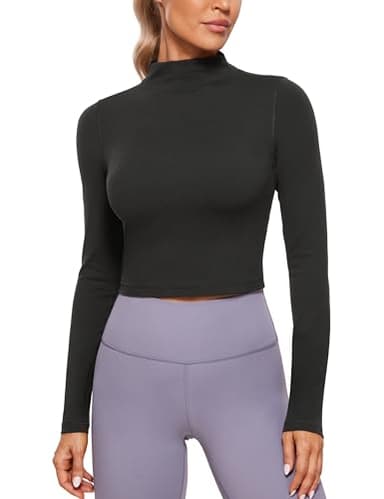 CRZ YOGA Womens Butterluxe Mock Turtleneck Long Sleeves Crop Tops Slim Fit Workout Casual T-Shirt Base Layer Fall Shirts Black Medium