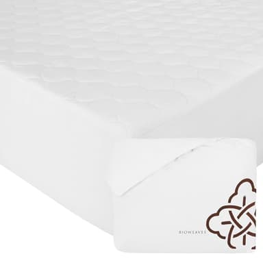 Bioweaves 100% Organic Cotton Mattress Pad Cover, GOTS Certified Cooling 300 GSM Quilted Fitted Mattress Topper & Protector with Soft Cotton Wadding - White, 20 Inch Deep Pocket, King
