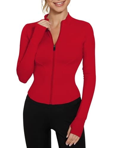 LUYAA Zip Up Jackets for Women Long Sleeve Compression Running Shirts Quick Dry Seamless Workout Jacket Cropped Red XS