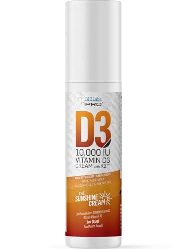 BIOLABS PRO All Natural Vitamin D3 10000IU Vitamin D Cream - Maximum Strength - Fight Vitamin D Deficiency Naturally - with Vitamin K2 & Olive Leaf Extract - Safe & Effective (10,000IU - 3.0oz)