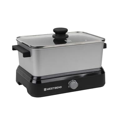 West Bend Versatility Slow Cooker Large Capacity Non-stick Cooking Vessel & Variable Temperature Heating Base Includes Travel Lid and Storage Bag, Range and Oven-Safe Cooking Pot, 5-Quart, Silver