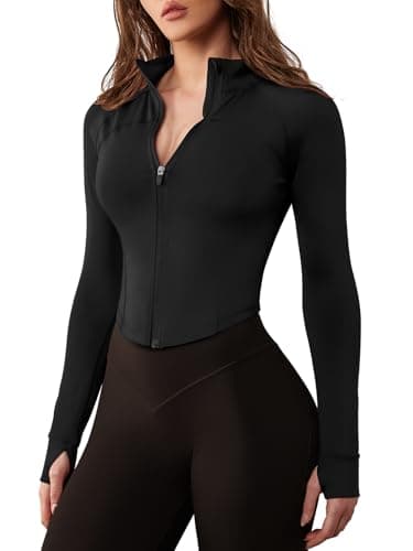 GYM RAINBOW Women's Zip Up Workout Jacket Lightweight Slim Fit Athletic Jacket Cropped Running Gym Tops with Thumb Holes(#1 Black,Small)