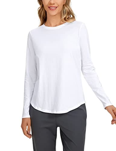 CRZ YOGA Pima Cotton Workout Long Sleeve Shirts for Women Athletic Crewneck Yoga Casual Tops Plain T-Shirt White Small