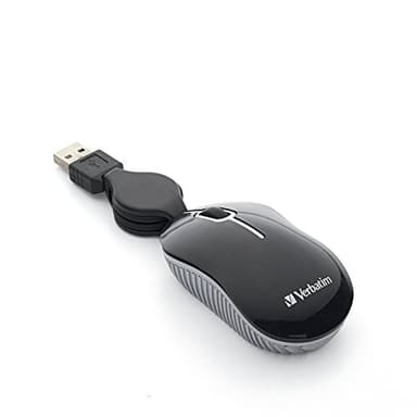 Verbatim Wired Optical Computer Mini USB-A Mouse - Plug & Play Corded Small Travel Mouse with Retractable Cable – Black 98113