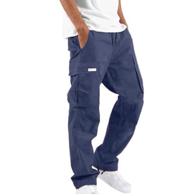 Muscularfit Cargo Pants for Men Big and Tall Elastic Waist Cotton Sweatpants Causal Solid Multi Pockets Joggers Athletic Pant of Today Men Men's Athletic Pants Navy XL