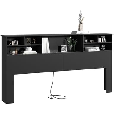 AYEASY King Size Headboard only for Bedroom, Stylish King Bookcase Headboard with Built-in Charging Station & 2 LED Lights, Noise-Free Wood HeadBoard with Storage, Bookshelf Headboards Black