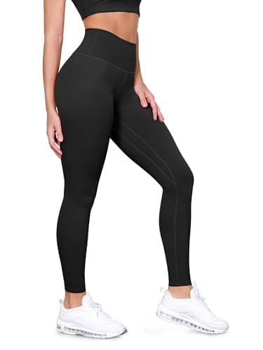 ODODOS Tummy Control Full Length Compression Leggings with Inner Pocket for Women, 28" High Waist Workout Running Yoga Pants, Black, Medium