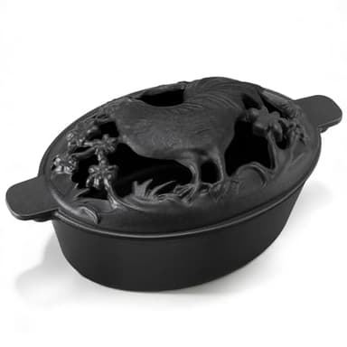 Wood Stove Steamer with Upgraded Handle, 2.5 Quart Wood Stove Humidifier with Decorative Chicken Pattern, Cast Iron with Porcelain, Fireplace Steamer Pot Steam Vaporizers