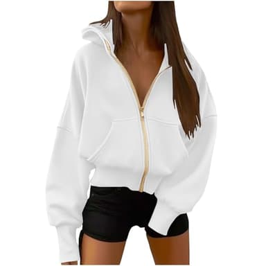 Free People Duped, Free People Long Sleeve Top, Fall Clothes for Women 2024, Cropped Zip Up Hoodie, Womens Zip Up Hoodies Crop Sweatshirt Fleece Hooded Jacket Fall Fashion 2024 Trendy Clothes White,XL