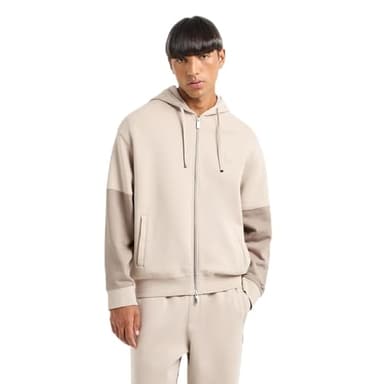 A | X ARMANI EXCHANGE Men's Bonded Stretch Cotton-Poly Contrast Color Zip Up Sweatshirt, String/Driftwood