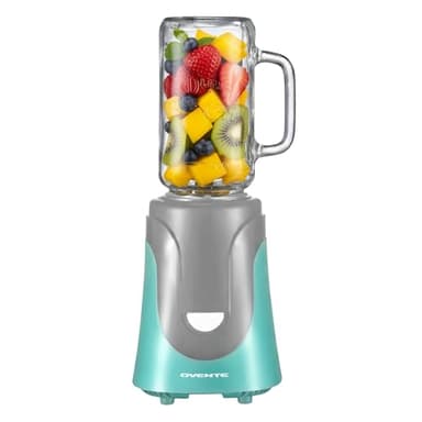 OVENTE Retro Personal Blender and Smoothie Maker with 18 Oz Mason Jar, 300W Base, Stainless Steel Blades, BPA-Free and Dishwasher Safe Container, Includes Reusable Straw and Lid, Turquoise BLH1002T