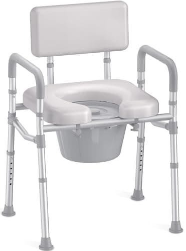 HOMLAND Bedside Commode with Padded Seat and Backrest, Aluminum Commode Toilet with Bucket, Easy Cleaning Portable Toilet for Adults and Seniors, 350 lb Capacity Enhanced Crossbar