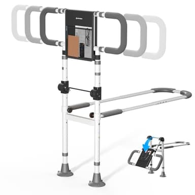 Bed Rails Elderly Adults Safety: Foldable Side Assist Grab Bar Handrails for Seniors with Sensor Light Pouch - Adjustable Bed Cane Fold Down Handle Bedside Railing - Fits Twin Full Queen King Grey
