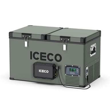 ICECO VL60 Dual Zone 12 Volt Refrigerator with Battery, 60 Liters Portable Fridge Freezer, DC 12/24V, AC 110-240V, 0℉ to 50℉, 12V Electric Cooler for Camping (with Insulated Cover)
