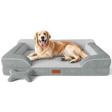 CWAWZ Extra Large Dog Bed, Orthopedic Dog Bed with Cooling Gel Memory Foam, Waterproof XL Pet Bed with Removable Washable Cover, 42" Pet Sofa Couch Dutch Velvet with Bone Toy, Light Gray