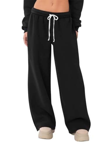 HeSaYep Women's Fleece Lined Sweatpants Wide Leg Baggy High Waisted Sweat Pants Drawstring Lounge Trousers Y2K Straight Leg Sherpa Pants Black L