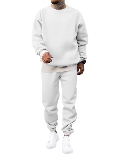 JMIERR 2 Piece Tracksuit for Men Long Sleeve Crewneck Essentials Pants Sweatshirt Joggers Sweatpants Track Suits Set Fall Sports Casual Sweatsuits Matching Lounge Sets Couple Outfits, 2XL, White