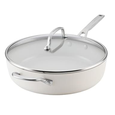 KitchenAid Hard Anodized Ceramic Induction Nonstick Cookware Saute Pan/Jumbo Cooker with Lid and Helper Handle, Dishwasher Safe, 5 Quart Sauteuse with Stainless Steel Handles - Porcelain White