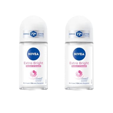 NIVEA Extra Bright 8 Super Food Vitamin C Collagen Booster Underarm Roll-On Deodorant, Alcohol-Free, 72HR Odor Protection, Smooth & Bright Skin, 50ml, 1.69oz, Pack of 2