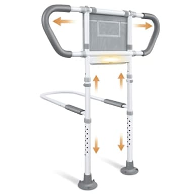 Bed Rails for Elderly Adults Safety: Adjustable Bedside Assist Rails with Storage Pockets, Non-Slip Handles, Sensor Night Light, 400LB Gravity Capacity (Compatible with Bed Frames 15.5" or Highe)