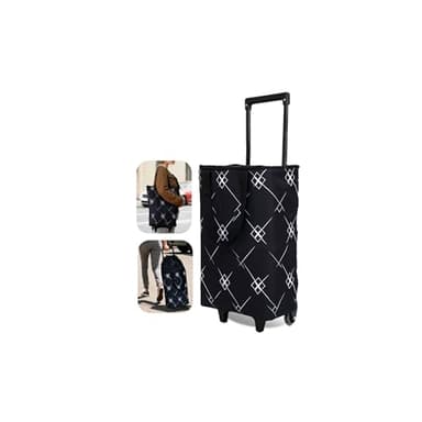 Dxiywa Foldable Rolling Bag, Portable Small Shopping Cart with Wheels, Collapsible Shopping Tote with Stylish Pattern for Market & Grocery Runs–Gift for Women & Seniors, Expandable L, Black