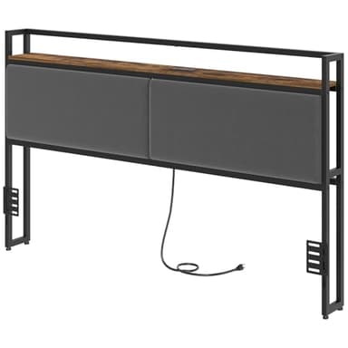 YATINEY King Size Headboard Only, Upholstered King Headboard with Charging Station, Head Board with Open Storage, Height Adjustable, Vintage Style, Sturdy and Stable, Rustic Brown, Gray and Black