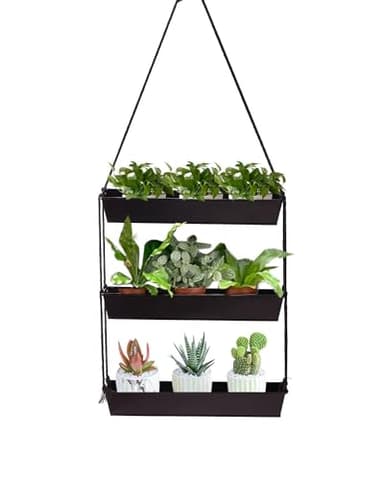 vensovo 16" Metal Wall Planter – 3-Tier Black Galvanized Hanging Shelf for Indoor Outdoor Plants, Vertical Garden Wall Mount for Balcony, Kitchen, or Entryway Decor