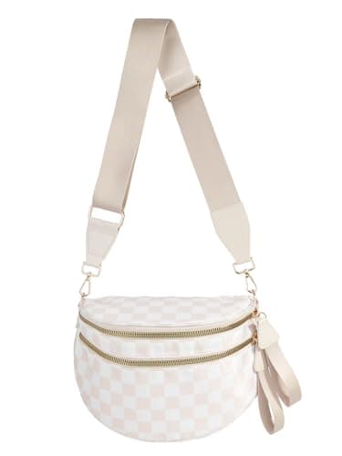 Black and White Checkered Crossbody Bum Bag for Women,Spacious Checkered Purse Fanny Packs Belt Bag Sling Bag with Shoulder Strap (Beige Checkered)