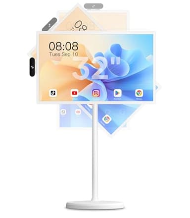 Cozyla Mate 32 Inch Mobile Portable TV Stand on Wheels Support Google Store Full Swivel Rotation Portable Touch Screen Monitor Built-in Battery Smart Rolling Tablet TV 4K Camera Remote Control White