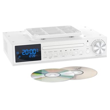 MONODEAL Bluetooth CD Player,Under Cabinet Kitchen FM Radio CD Player,Dual HD Speakers,Wireless Music System with LED Light,Remote Control,Kitchen Timer,Dual Alarm Clock White