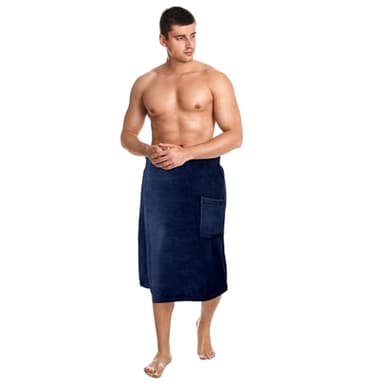 Tudomro 1 Pcs Men's Bath Wrap Towel X-Large Shower Adjustable Terry Body Spa Towel with Pocket After Shower Wrap for Men Gift Spa College Bath Dorm Room Gym (Navy Blue)