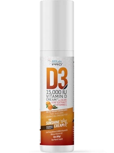 BIOLABS PRO All Natural Vitamin D3 15000IU Vitamin D Cream - Maximum Strength - Fight Vitamin D Deficiency Naturally - with Vitamin K2 & Olive Leaf Extract - Safe & Effective (15,000IU - 3.0oz)