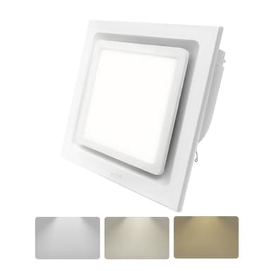 POWERENG Bathroom Exhaust Fan with Light,9.8 in Panel,3000K/4500K/6000K 12W 7.5In Square LED,117 CFM,0.7 Sones 4 Inches Duct 110V,Quiet Ventilation Exhaust Fan for Shower/Home/Office(3-Colour LED)