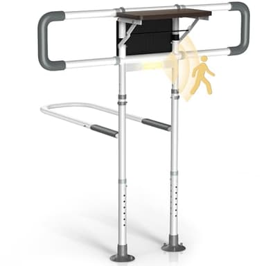 Waysse Bed Rails for Elderly Adults Safety with Foldable Side Table, ASTM Approved Adjustable Bed Assist Rail for Seniors, Sensor Light, Non-Slip Handle, Storage Pocket, Fits Twin/Full/Queen/King