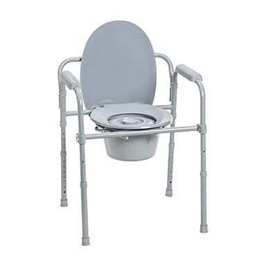 Drive Medical Folding Steel Bedside Commode Chair - 3-in-1 Portable Toilet - Adjustable Height - 350 Lb Weight Capacity - 7.5 Qt Bucket - Adult Commode - Grey