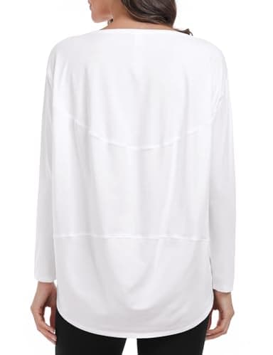 HeyNuts Women's Pima Cotton Long Sleeve Shirts Workout Boat Neck Loose Fit Soft Tops Athletic Casual Shirts White L(12)
